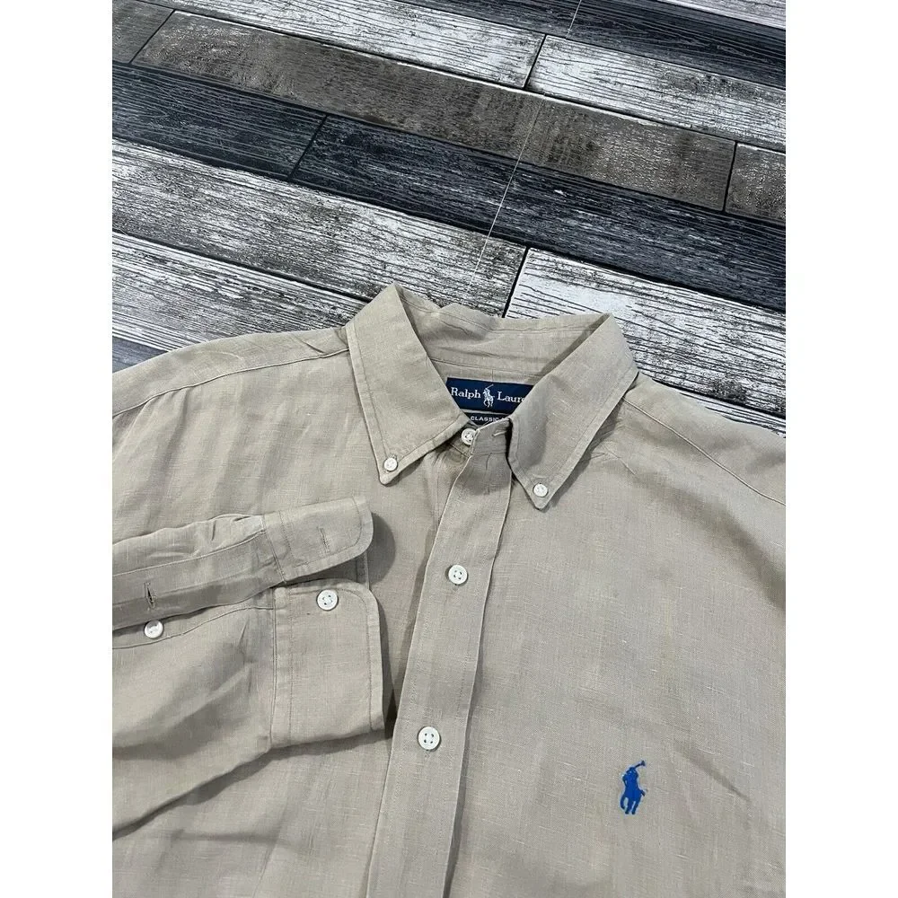 Ralph Lauren Shirt Mens XL Khaki Beige Tan Classic Fit Button Up Blue Pony Silk